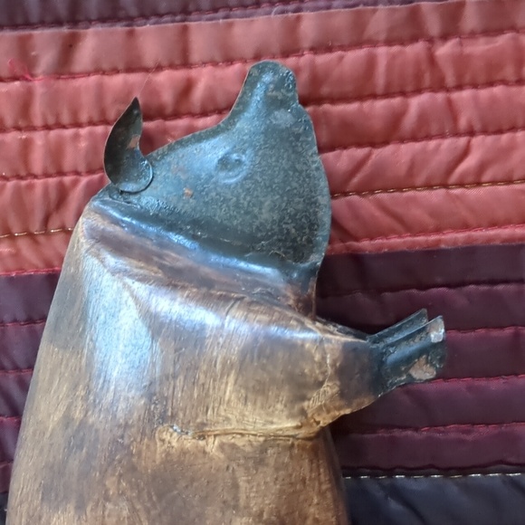 Folk art metal and wood carved pig figurine, 8" x 3.5" ish. - Picture 5 of 10